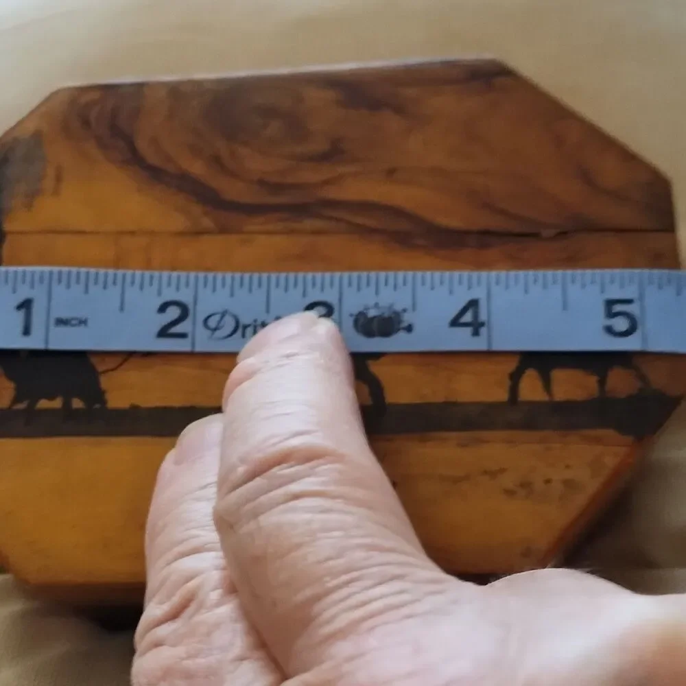 Wooden Octagonal Jerusalem Box with Camel Scene, Red Lined Interior, Mirror